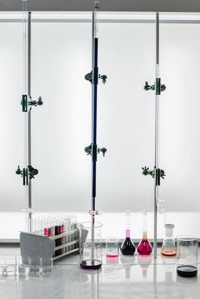 A well-equipped laboratory showcasing various glassware and colorful liquids for scientific research.